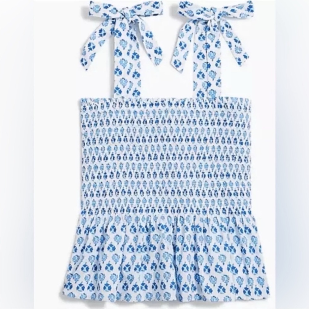 J.Crew Factory Blue Floral Print Smocked Tie Strap Top Size L